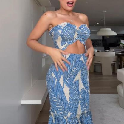 Women's Tropical Print Drawstring Ruched Shirred Frill Trim Bandeau Vacation Dress