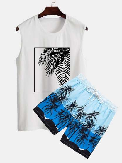 Palm Leaf Print Tank Top And Shorts-Vacay Outfit