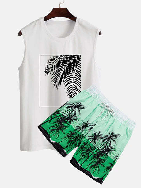 Palm Leaf Print Tank Top And Shorts-Vacay Outfit