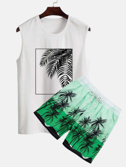 Palm Leaf Print Tank Top And Shorts-Vacay Outfit