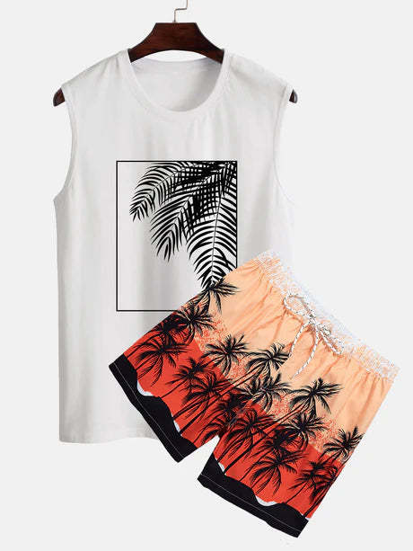 Palm Leaf Print Tank Top And Shorts-Vacay Outfit