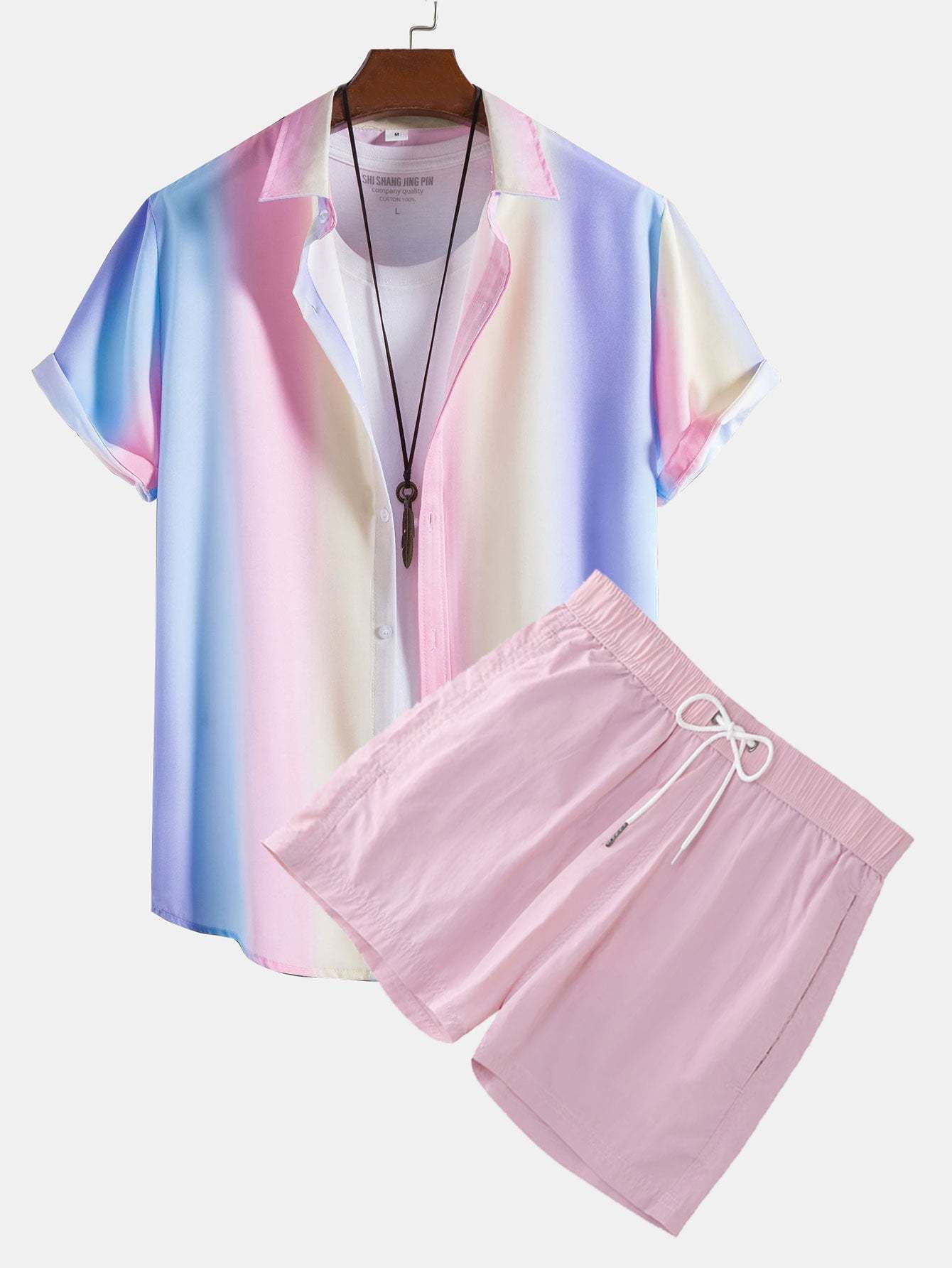 Gradient Color Print Shirt And Short Length Swim Shorts-Vacay Outfit