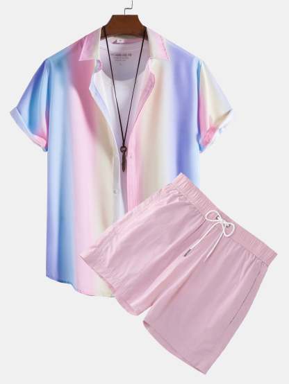 Gradient Color Print Shirt And Short Length Swim Shorts-Vacay Outfit
