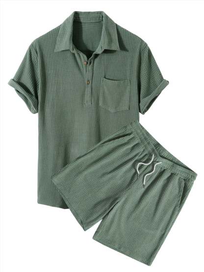Textured Coordinated Shirt And Shorts Set-Vacay Outfit
