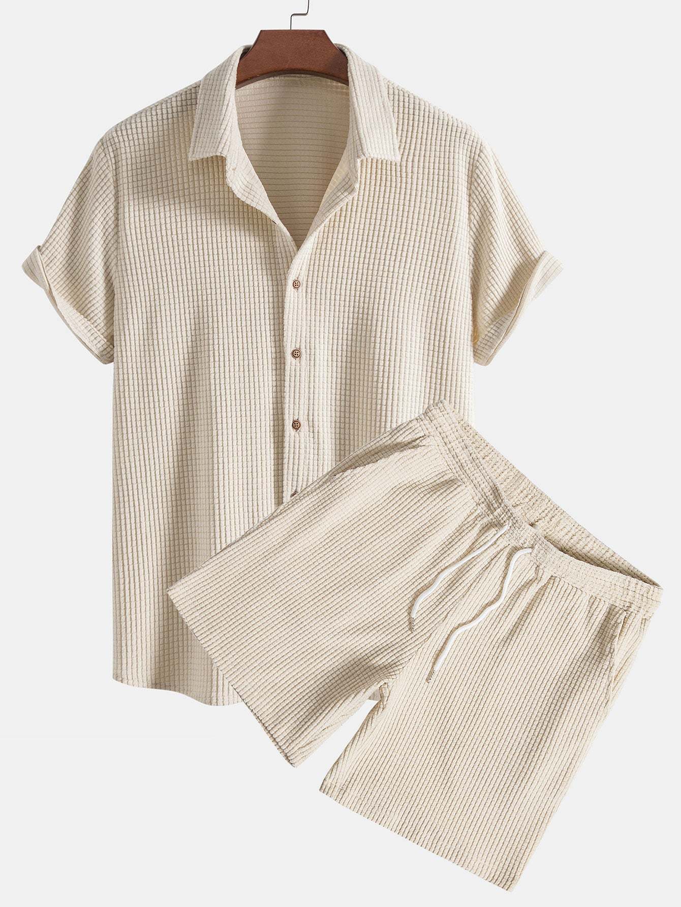 Waffle Button Up Shirt And Shorts-Vacay Outfit