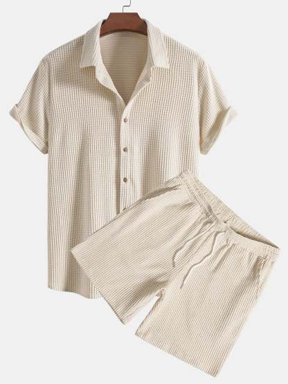 Waffle Button Up Shirt And Shorts-Vacay Outfit