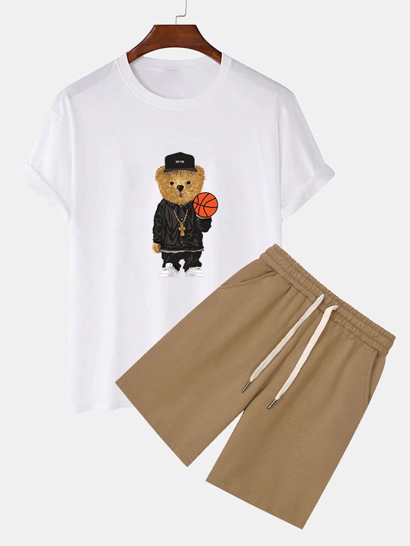 Basketball Bear Print T-Shirt And Sweat Shorts-Vacay Outfit