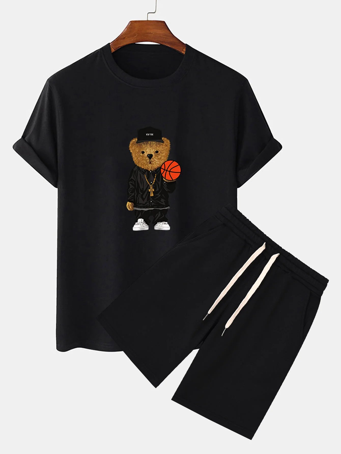 Basketball Bear Print T-Shirt And Sweat Shorts-Vacay Outfit