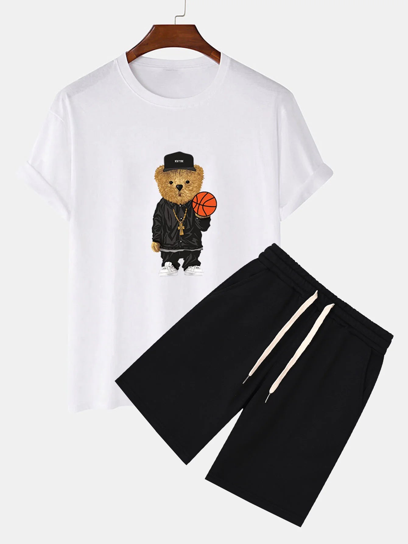 Basketball Bear Print T-Shirt And Sweat Shorts-Vacay Outfit