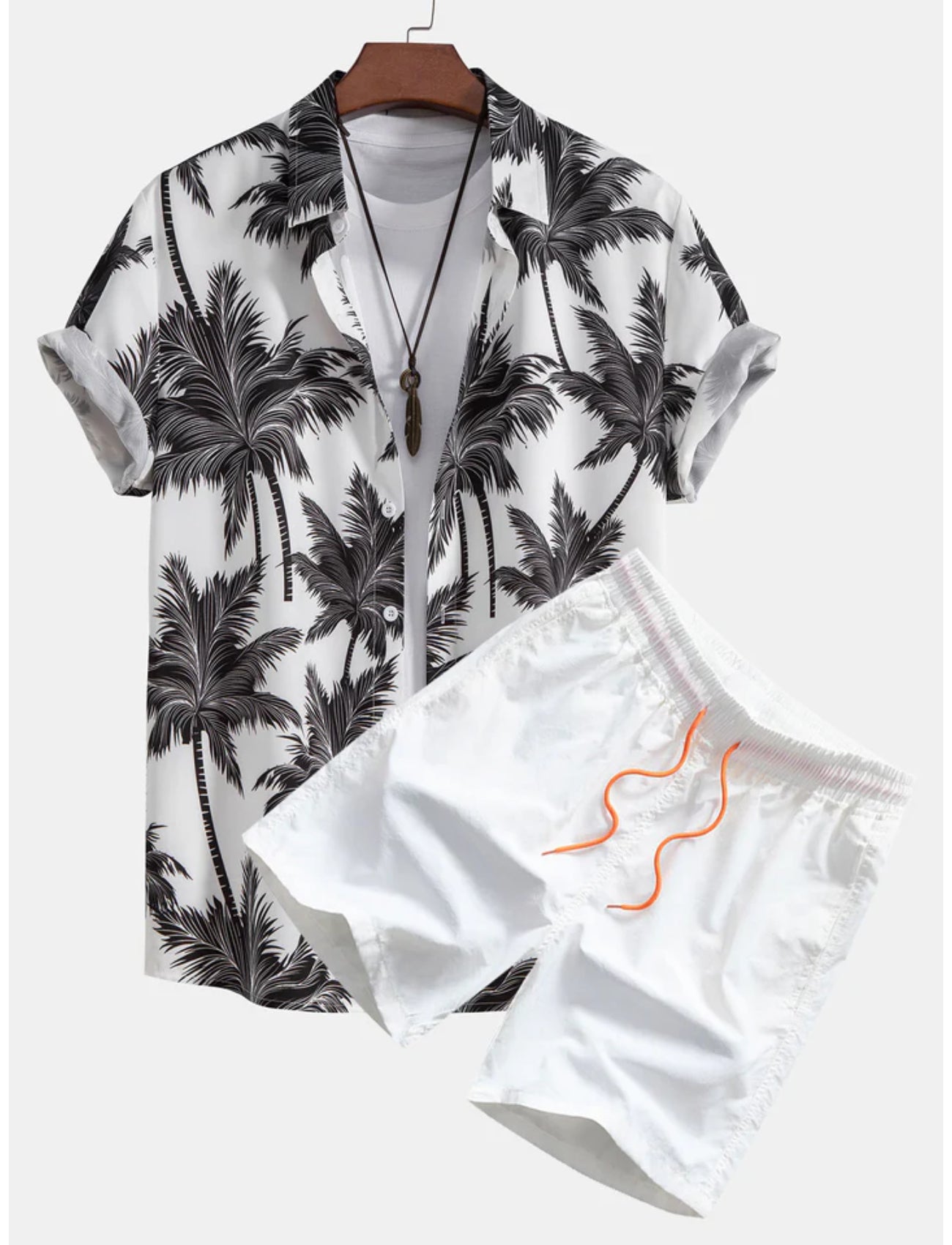 Tropical Tree Button Down Shirt And Shorts Set-Vacay Outfit