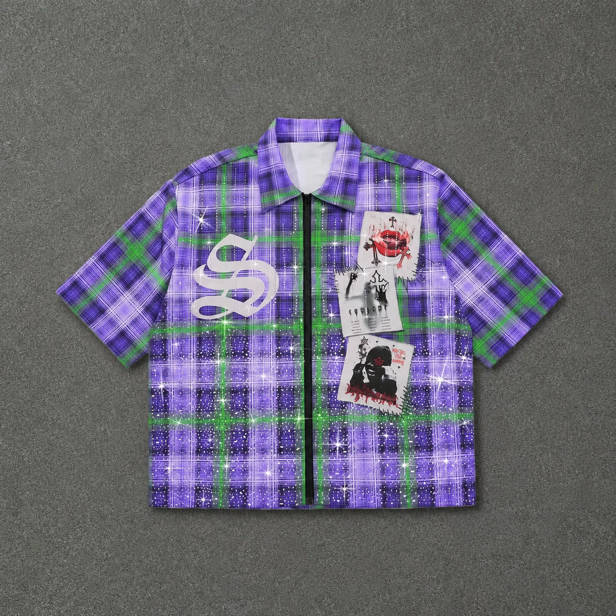 Graphic Print Rhinestone Plaid Casual Fitted Shirt For Men