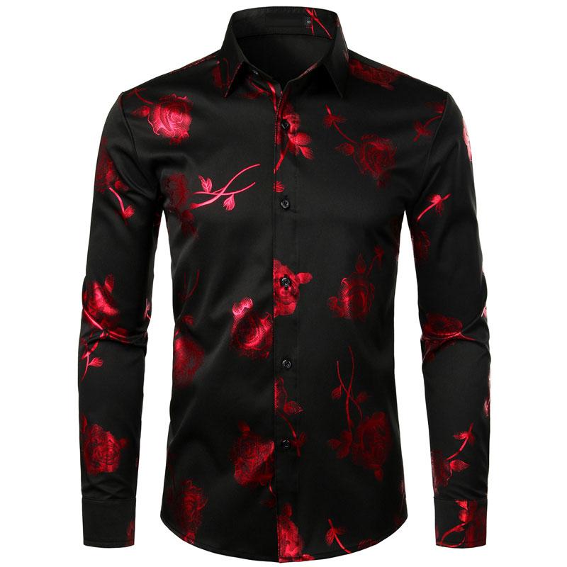 Slim Fit 3D Rose Print Long Sleeve Casual Shirt For Men
