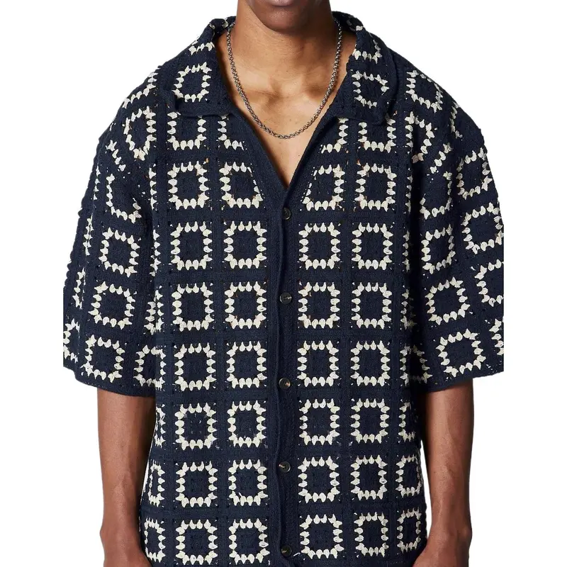  Men's Dark Green Colorblock Knit Short-Sleeve T-Shirt with All Over Print Loose Fit Casual Vacation Wear Tops Button Up