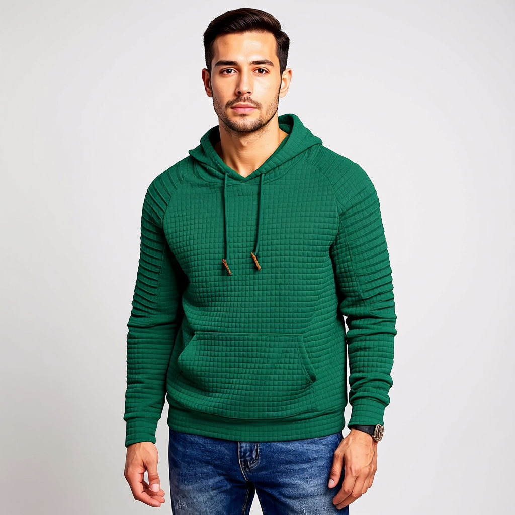 Men Long Sleeve Waffle Knit Pullover Hoodie with Kangaroo Pocket