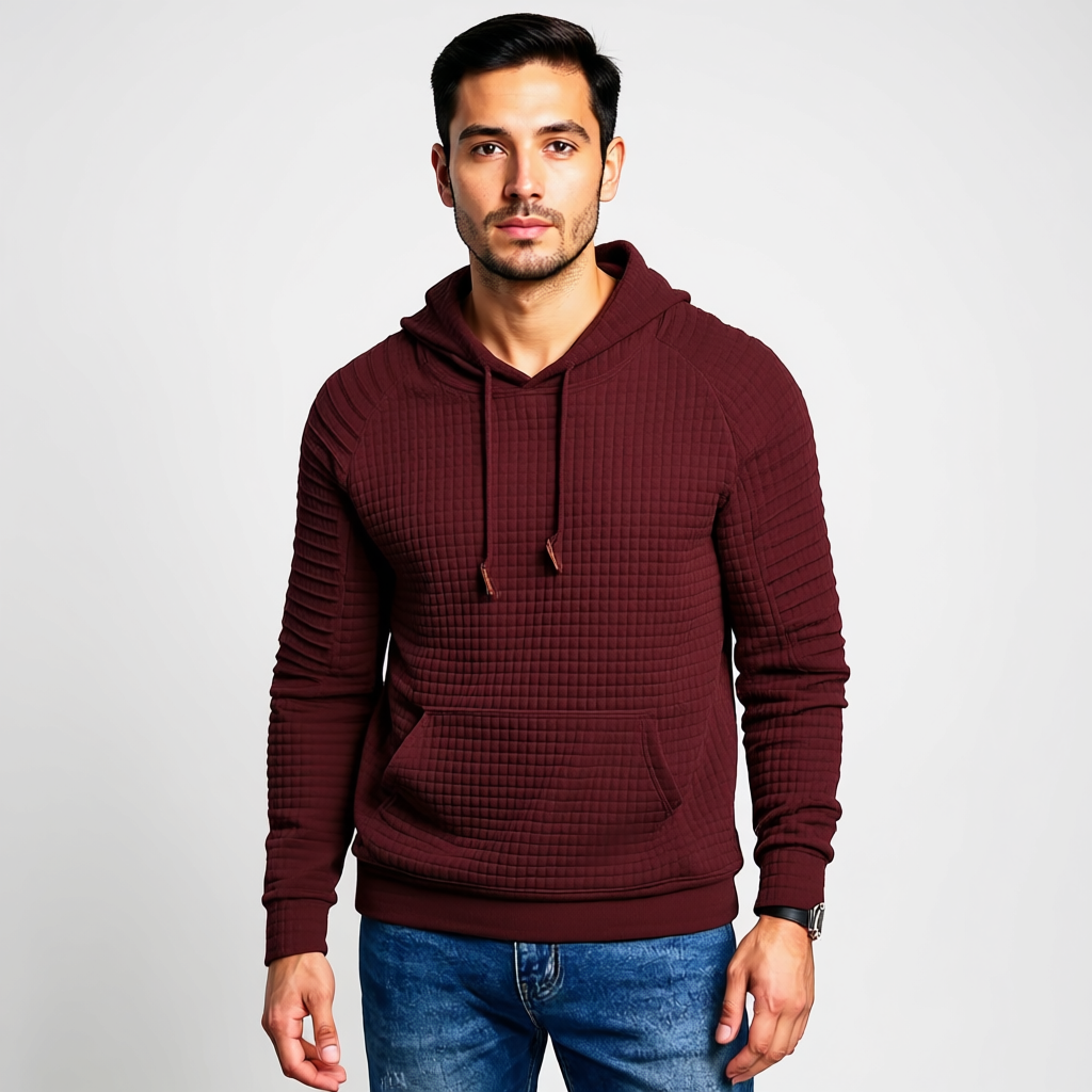 Men Long Sleeve Waffle Knit Pullover Hoodie with Kangaroo Pocket