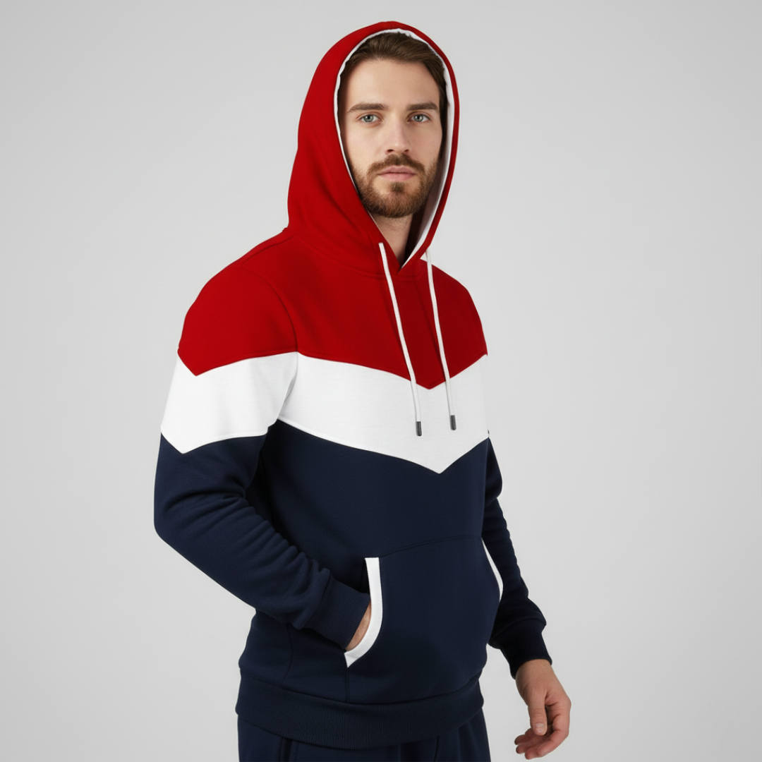 Men Color Block Pullover Fleece Hoodie with Pocket