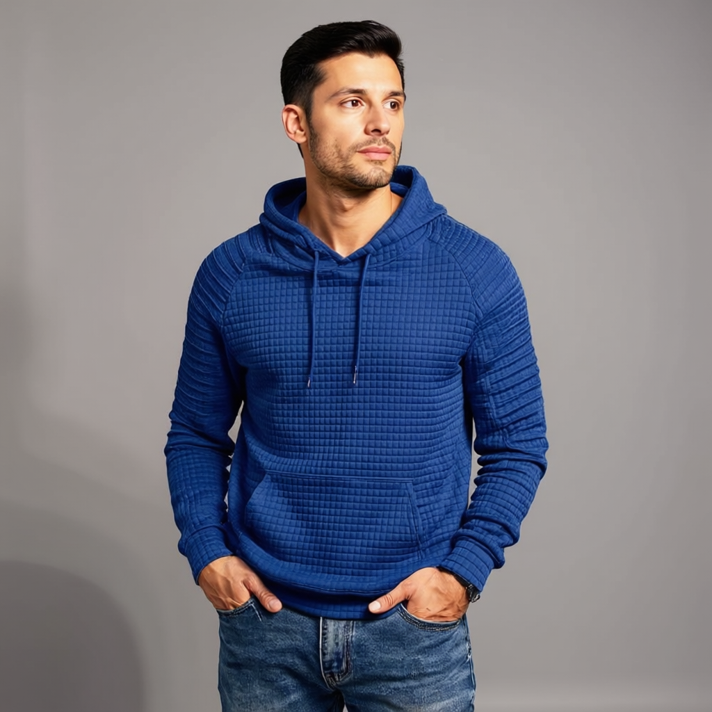 Men Long Sleeve Waffle Knit Pullover Hoodie with Kangaroo Pocket