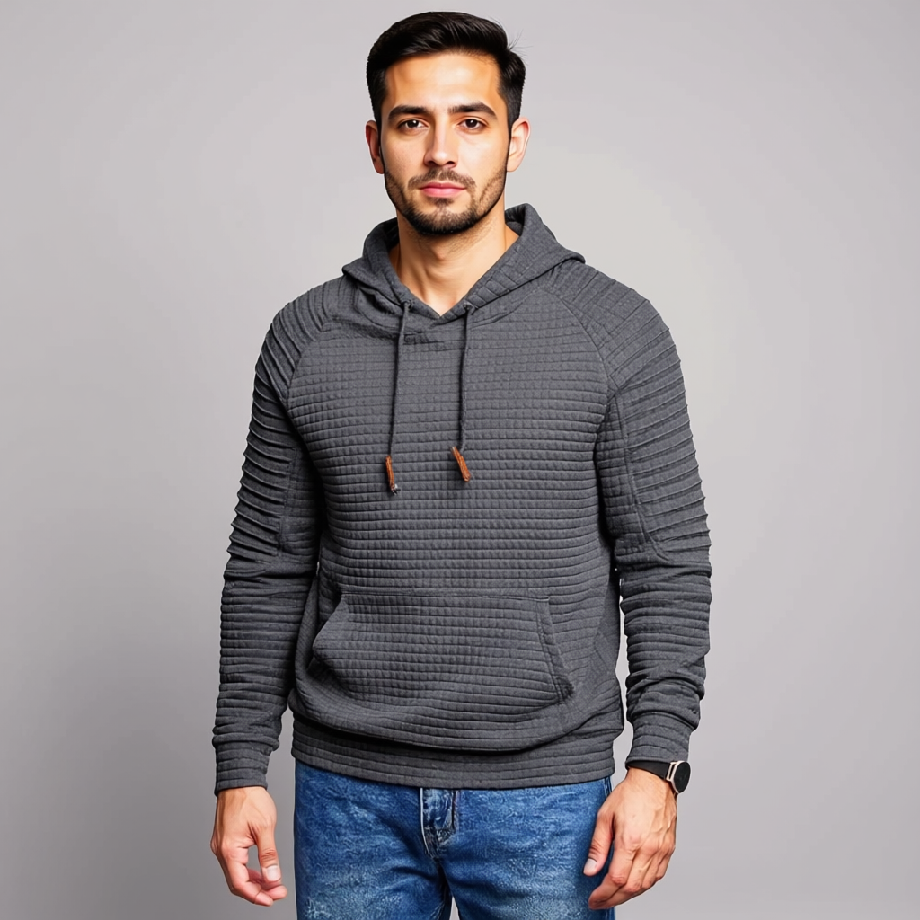 Men Long Sleeve Waffle Knit Pullover Hoodie with Kangaroo Pocket