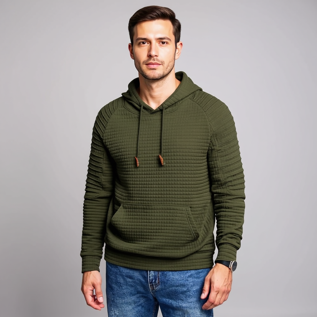 Men Long Sleeve Waffle Knit Pullover Hoodie with Kangaroo Pocket