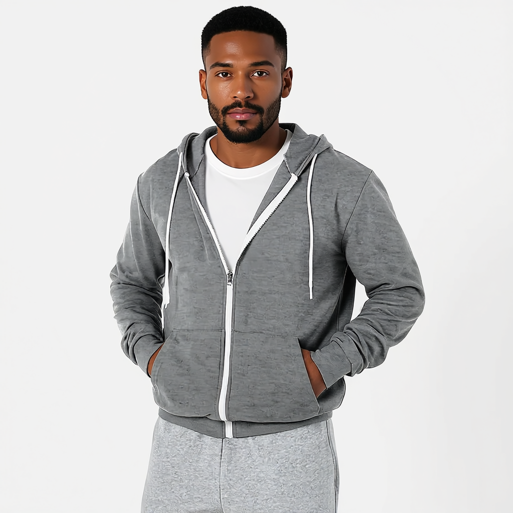 Men Slim Fit Zip Up Hoodie With Lightweight Fabric And Long Sleeves