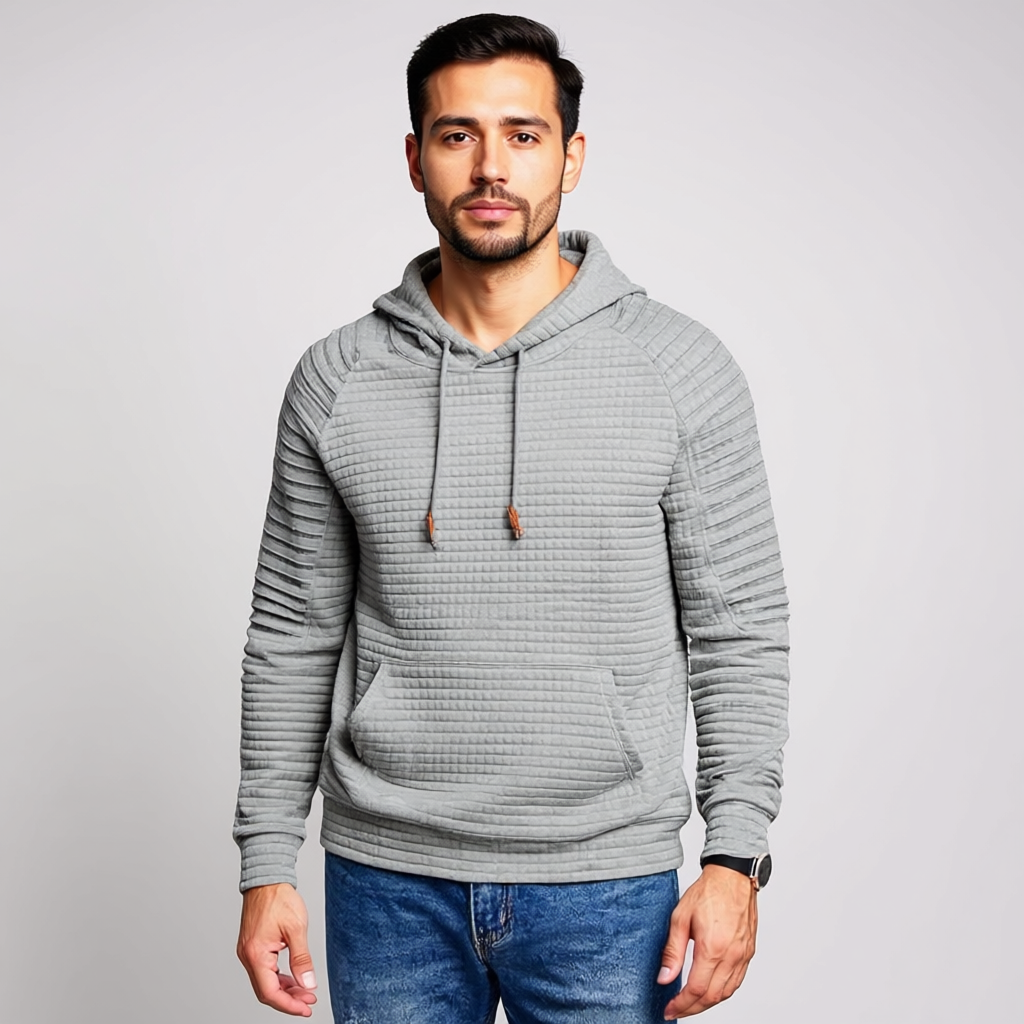 Men Long Sleeve Waffle Knit Pullover Hoodie with Kangaroo Pocket