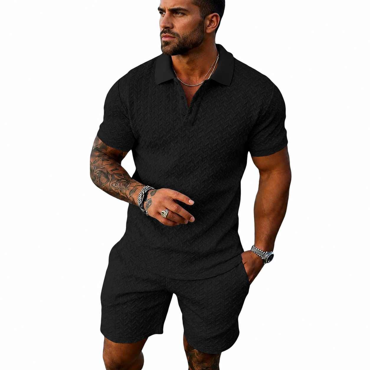 2 Pieces Short Sleeve Golf Polo Shirt and Short Set For Men