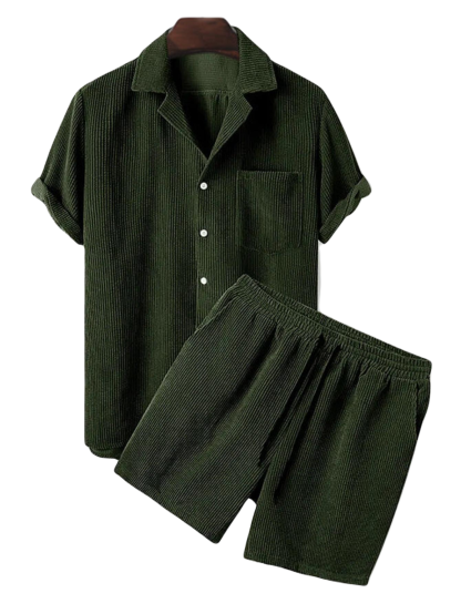 Corduroy Casual Lapel Shirt Shorts Set-Vacay Outfit