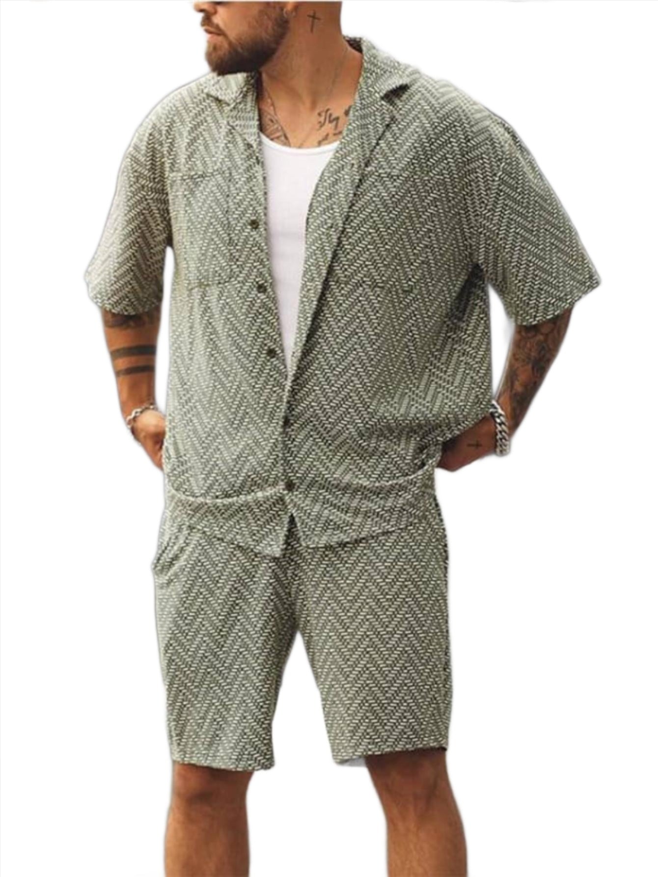 Geometric Patterned Shirt And Shorts Combo Set-Vacay Outfit