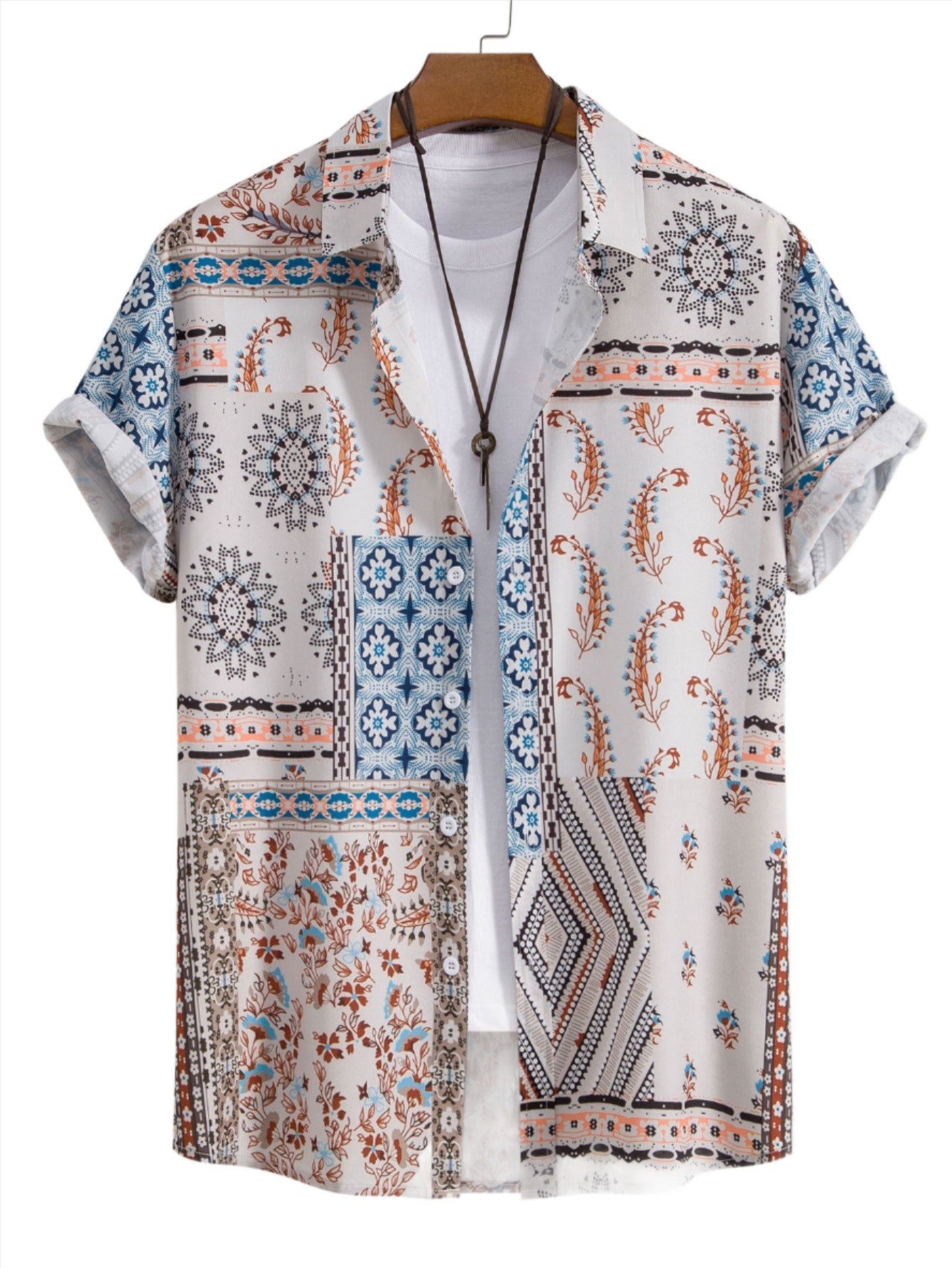 Patchwork Print Short Sleeved Shirt-Vacay Outfit
