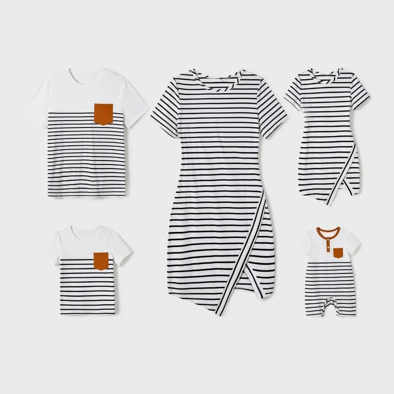 Family Matching Stripe Asymmetrical Dresses and Panel T shirts Sets-Vacay Outfit