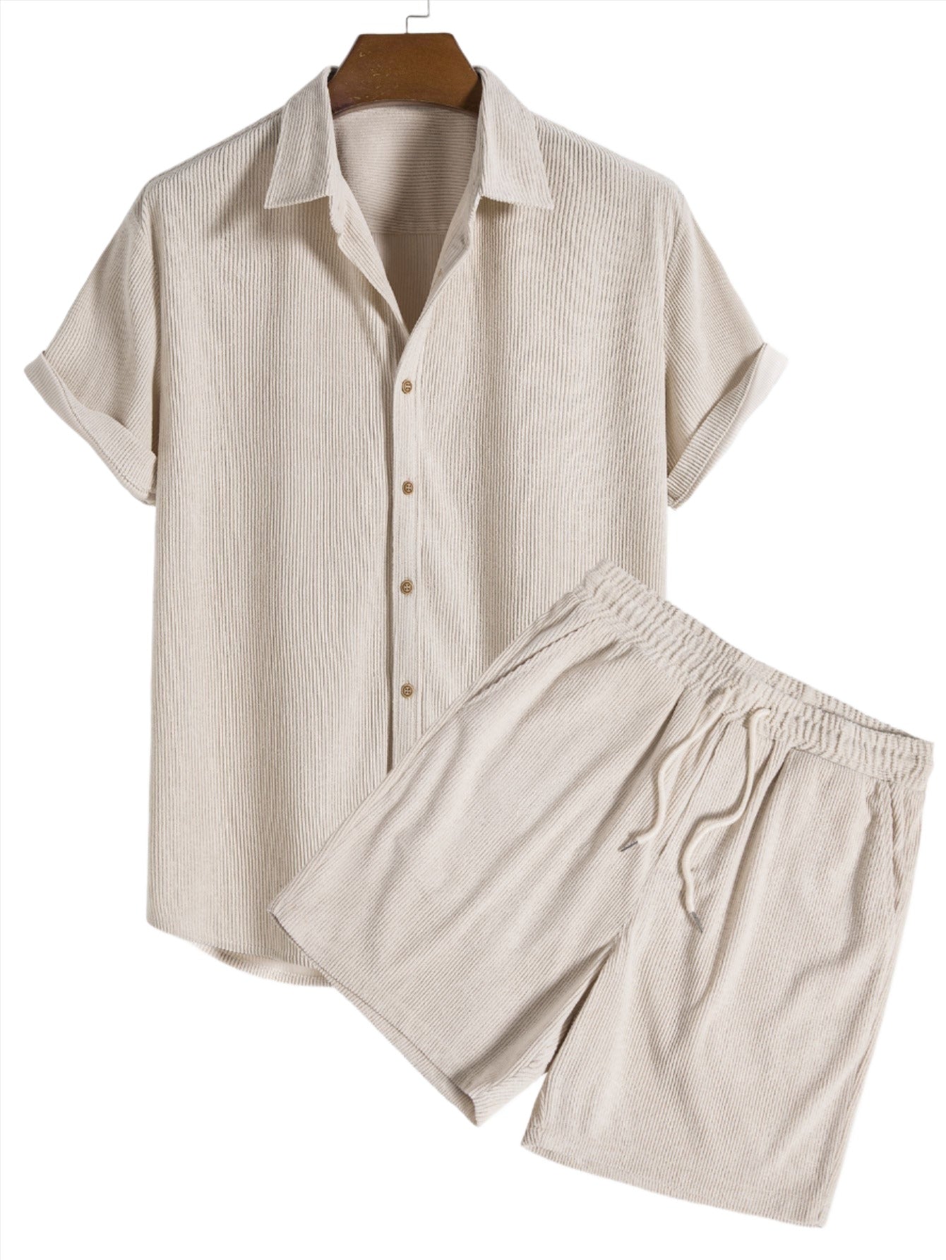 Corduroy Button Up Shirt And Shorts Set-Vacay Outfit
