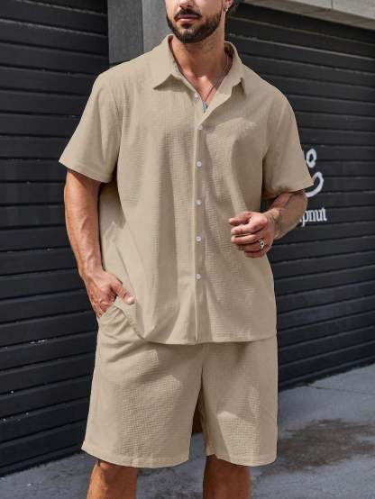 Solid Colored Button Up Shirt And Shorts-Vacay Outfit