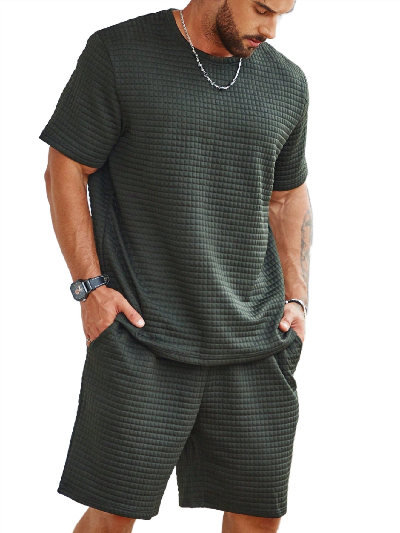 Solid Colored Tee And Drawstring Shorts-Vacay Outfit