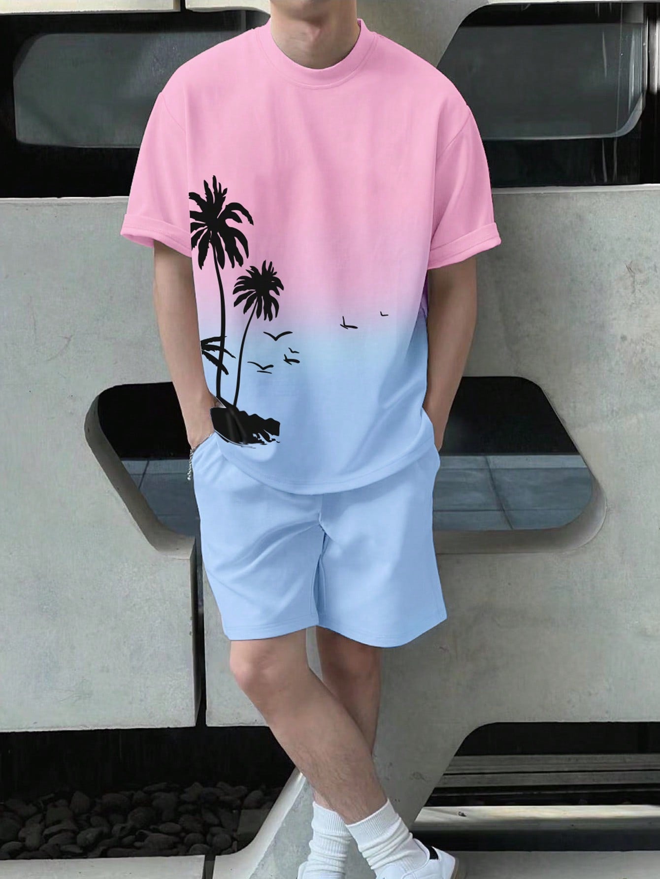 Sunset Palms Tee And Shorts Set-Vacay Outfit