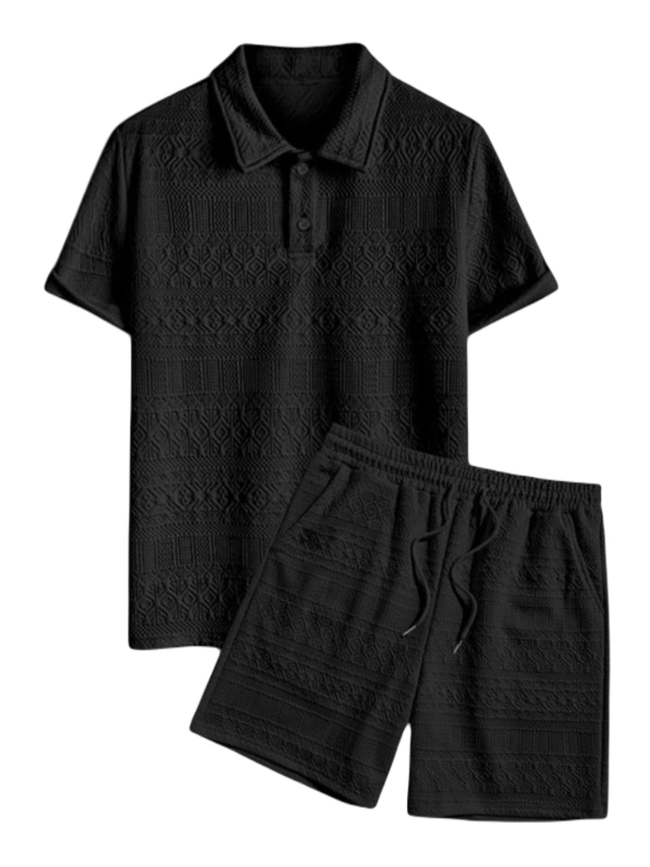 Monochrome Textured Shirt Shorts Set-Vacay Outfit