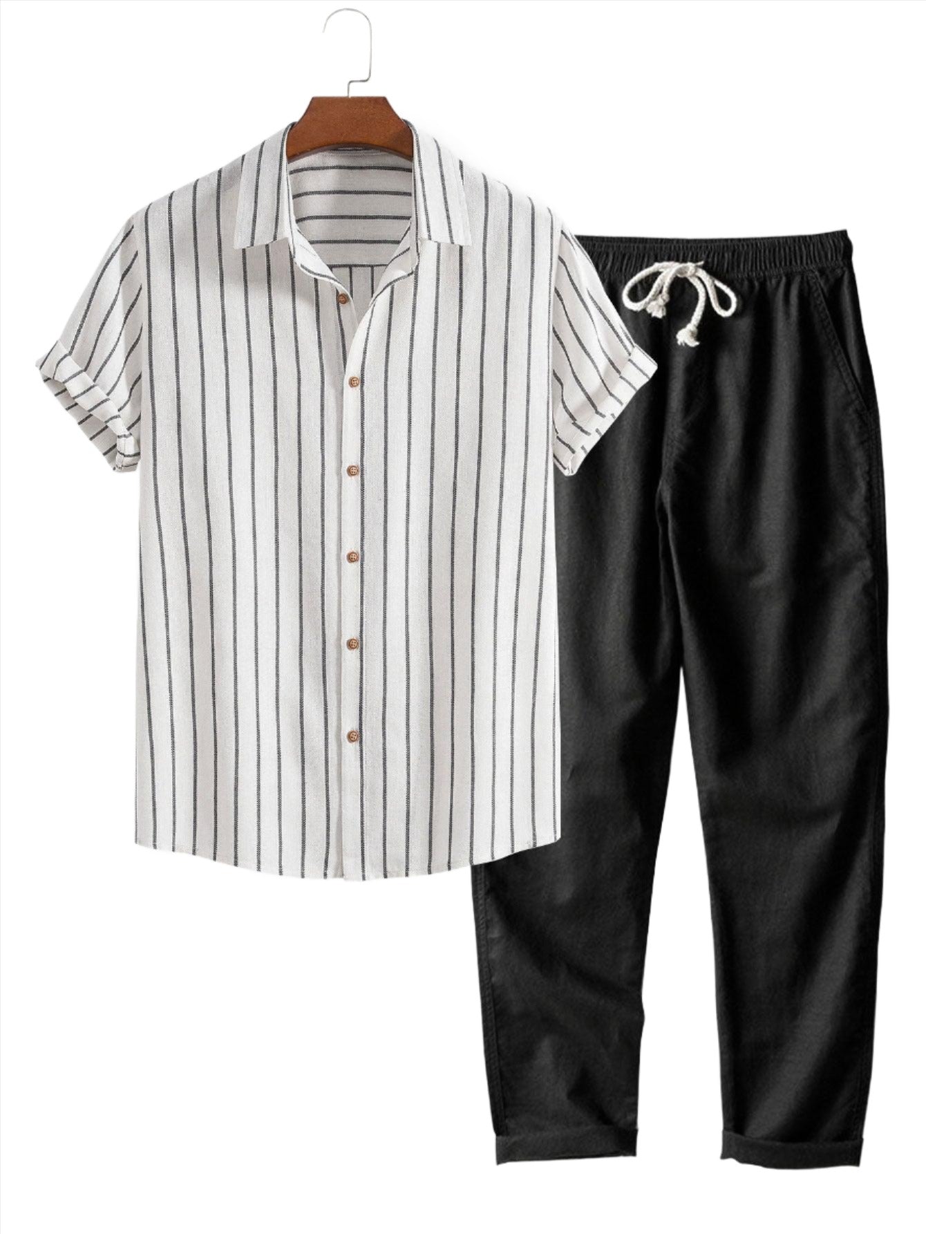 Two Toned Striped Shirt And Trousers Set-Vacay Outfit