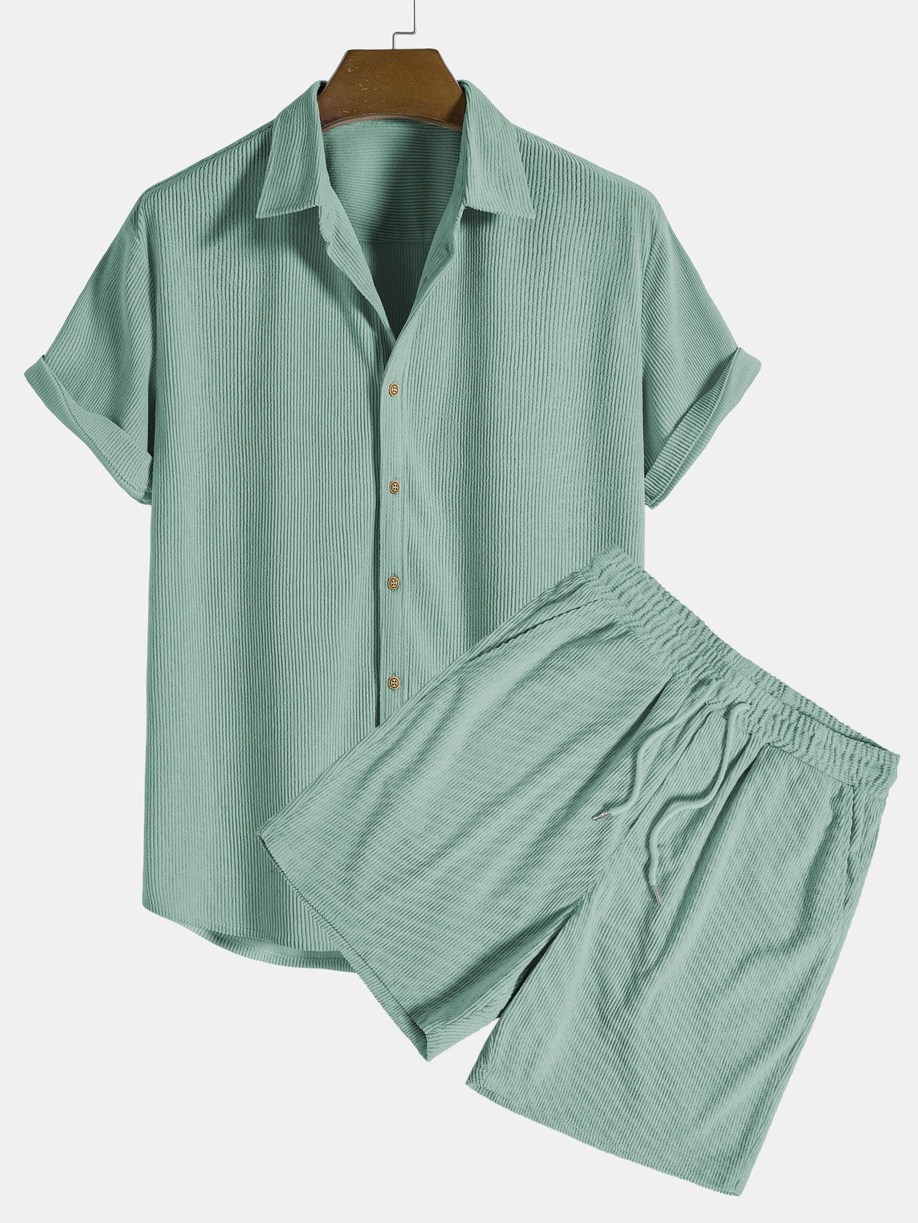 Corduroy Button Up Shirt And Shorts Set-Vacay Outfit