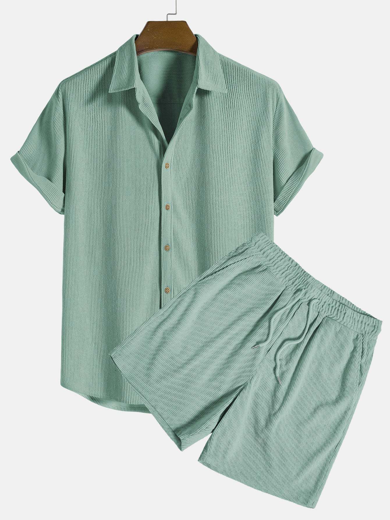 Corduroy Button Up Shirt And Shorts Set-Vacay Outfit