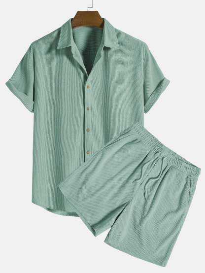 Corduroy Button Up Shirt And Shorts Set-Vacay Outfit