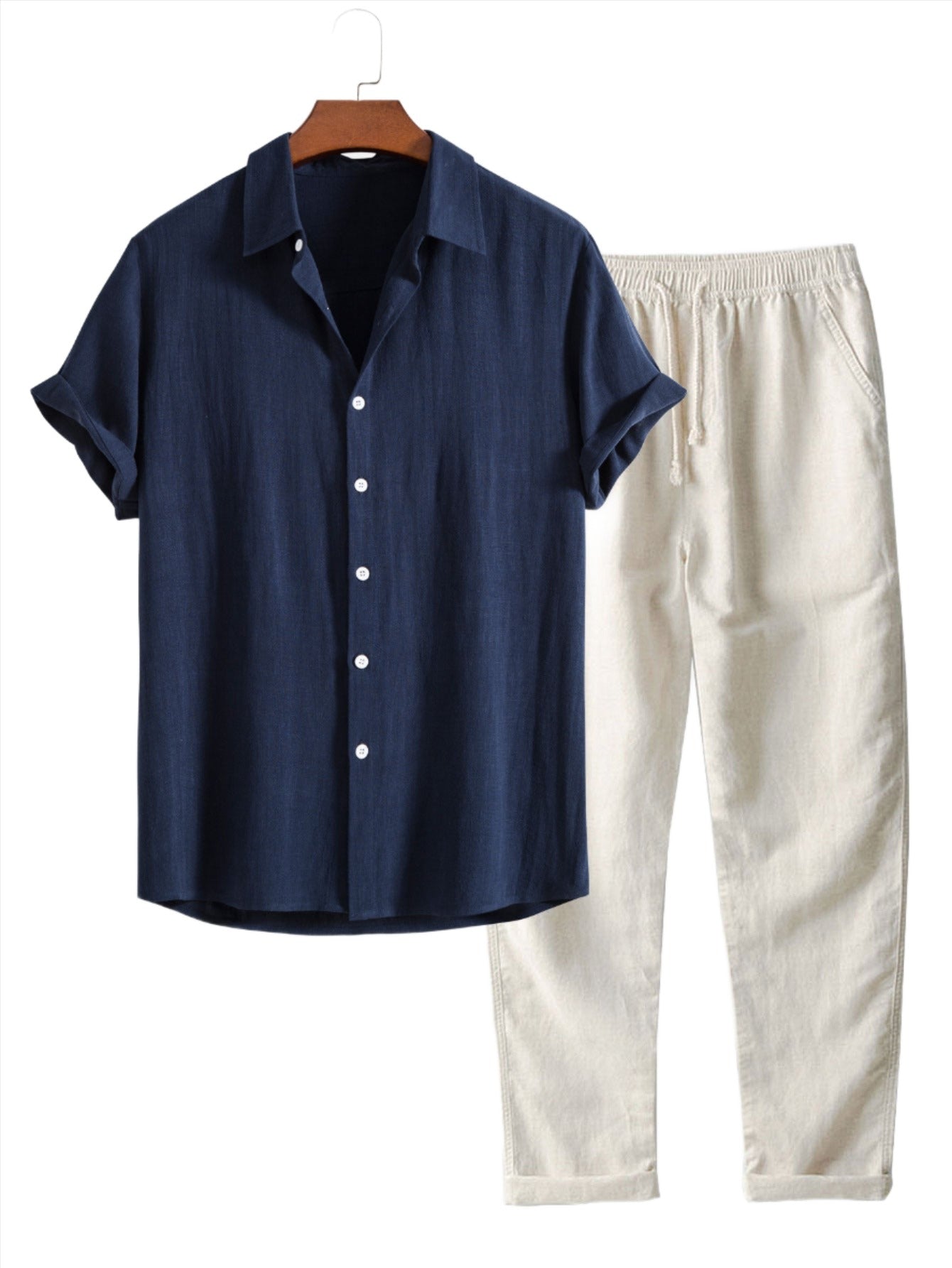 Casual Linen Blend Shirt And Pants Duo-Vacay Outfit