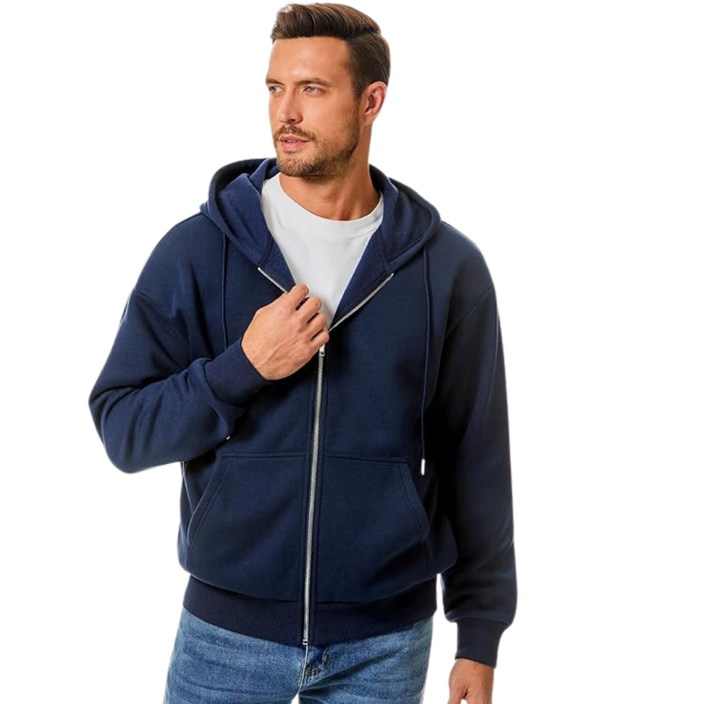 Men’s Full Zip Cotton Fleece Hoodie With Drawstring And Kangaroo Pocket