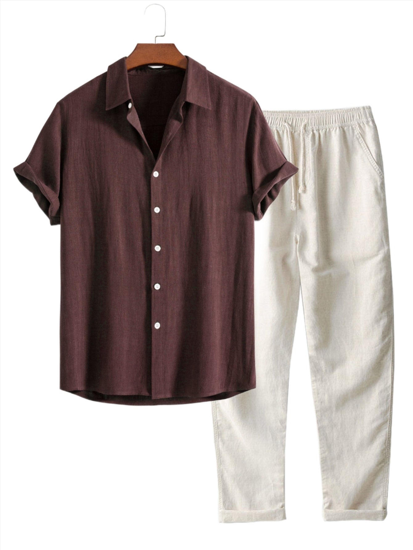 Casual Linen Blend Shirt And Pants Duo-Vacay Outfit
