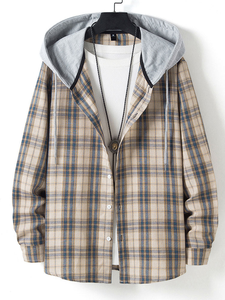 Button Up Contrast Hooded Plaid Shirt-Vacay Outfit