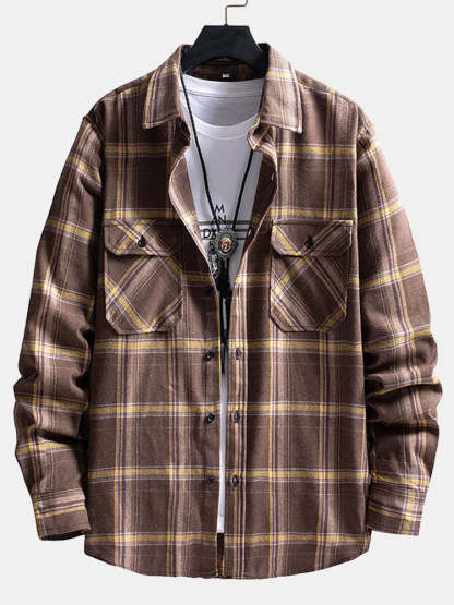 Double Patch Pockets Plaid Shirt-Vacay Outfit