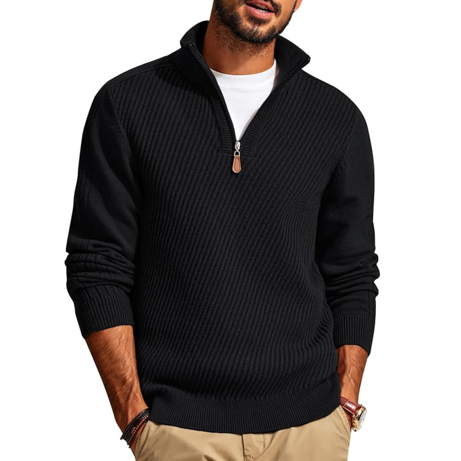 Textured Knit Quarter Zip Pullover Sweater For Men