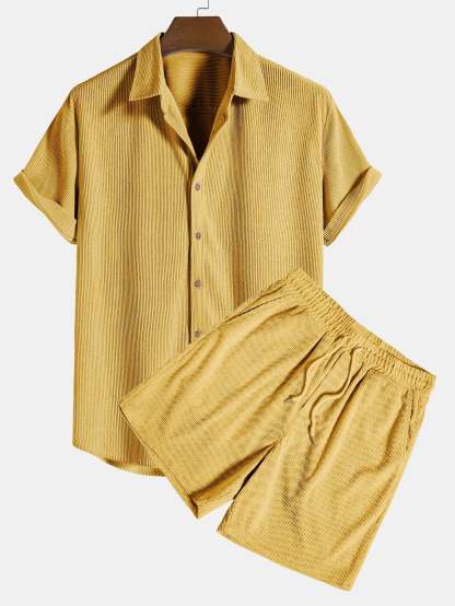 Corduroy Button Up Shirt And Shorts Set-Vacay Outfit