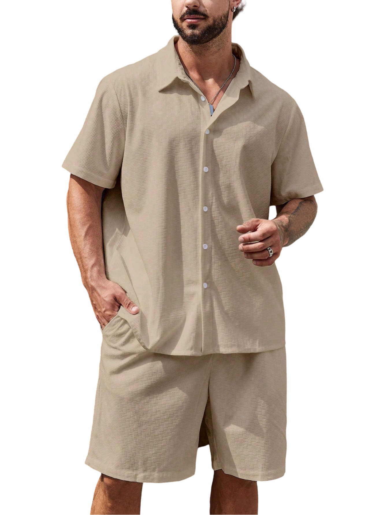 Solid Colored Button Up Shirt And Shorts-Vacay Outfit