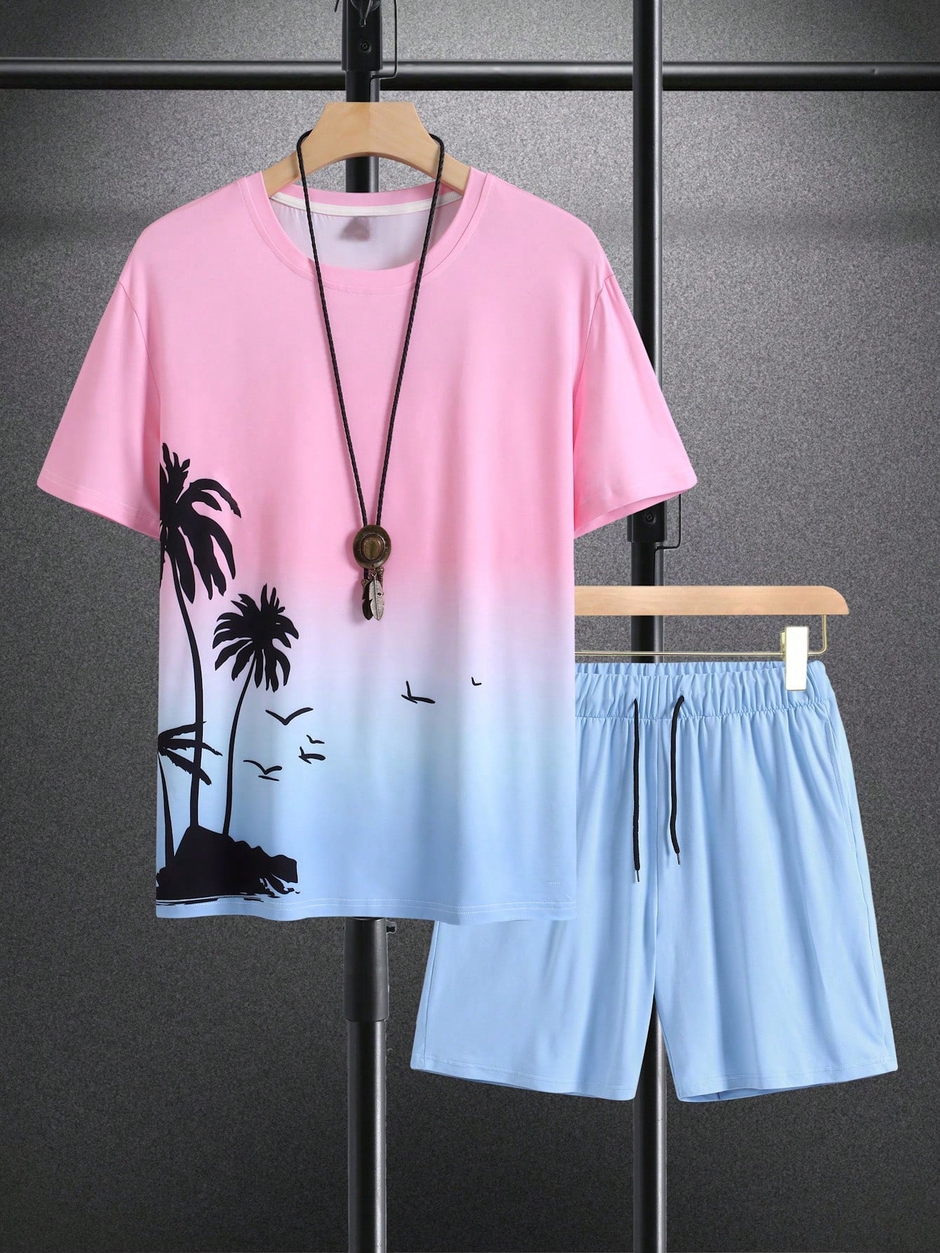 Sunset Palms Tee And Shorts Set-Vacay Outfit