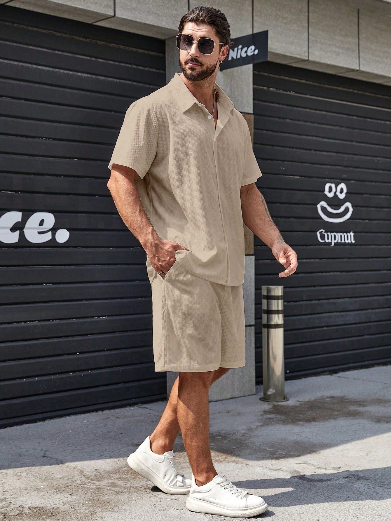 Solid Colored Button Up Shirt And Shorts-Vacay Outfit