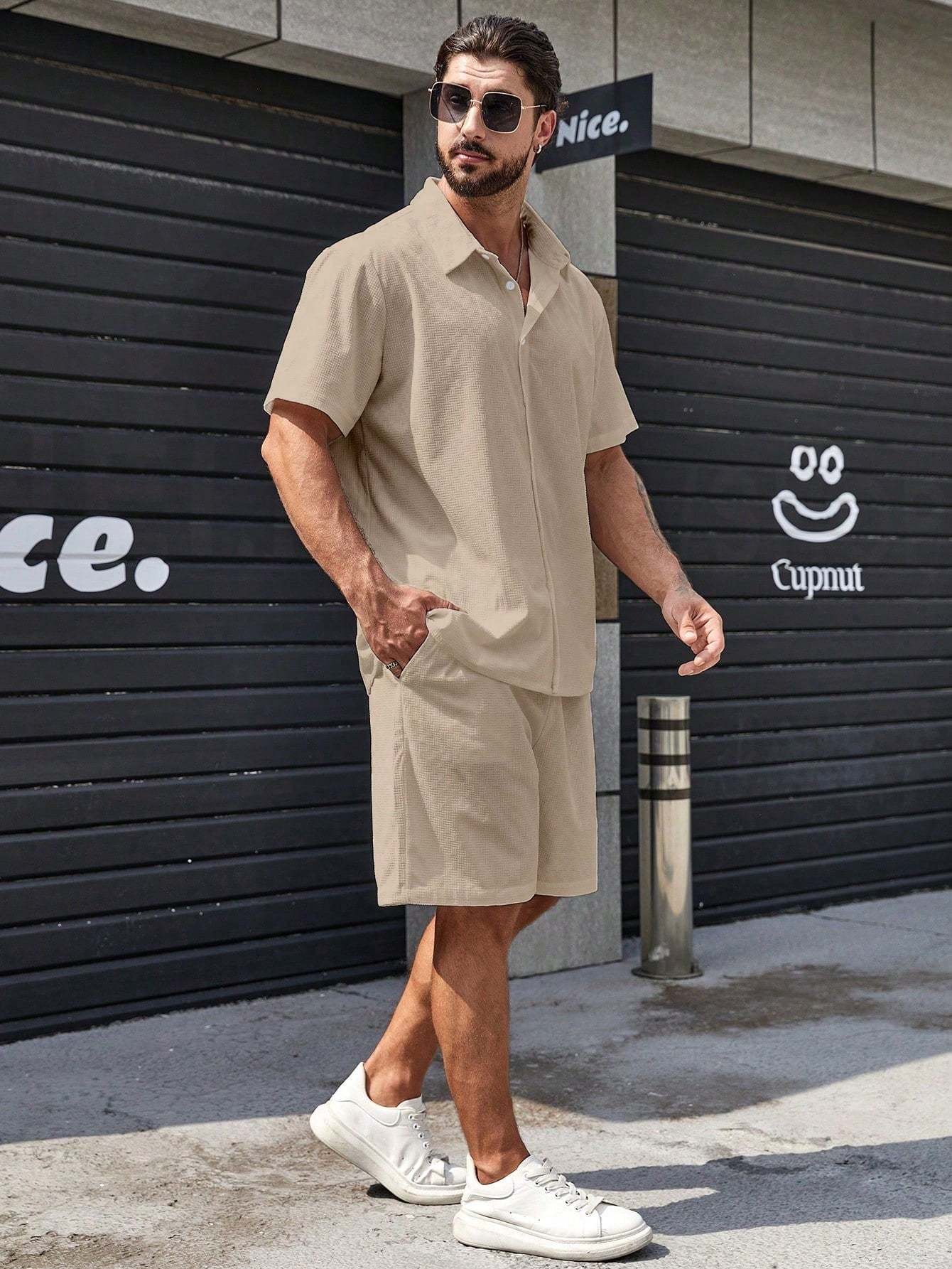 Solid Colored Button Up Shirt And Shorts-Vacay Outfit